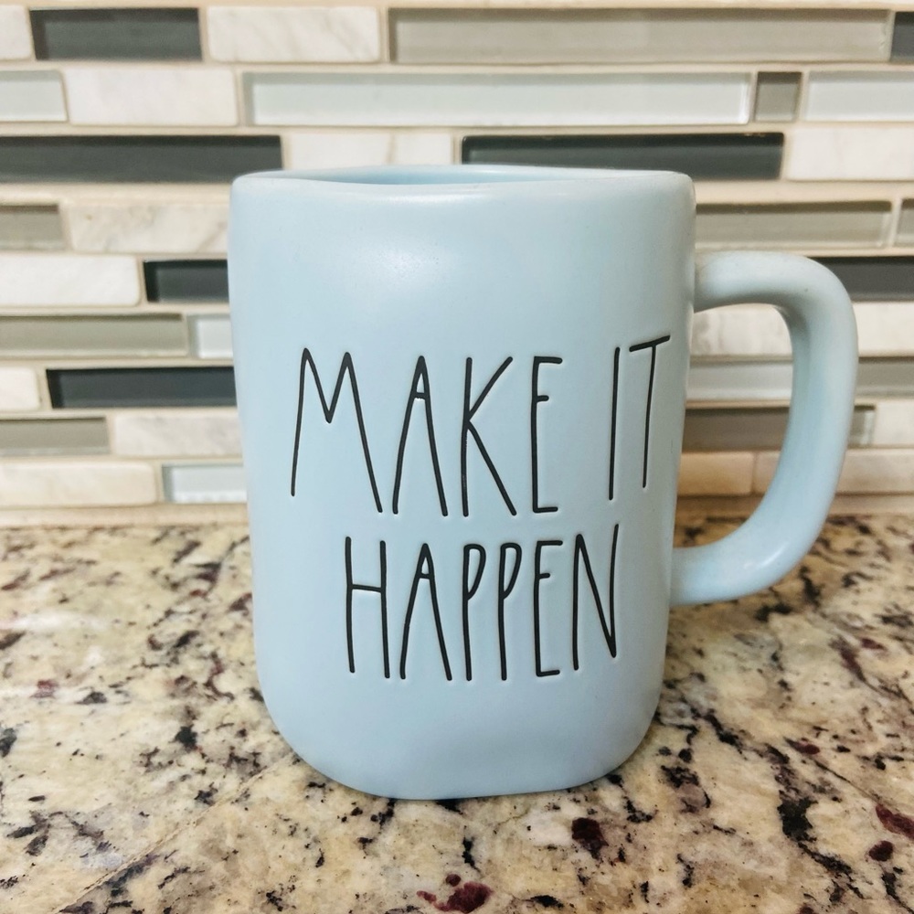Rae Dunn by Magenta MAKE IT HAPPEN light blue Coffee Tea Cocoa Mug